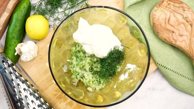 Making Tzatziki Greek or Mediterranean sauce or dip for a party. Dip or sauce in a green bowl on a wooden cutting board with dill, green napkin and a grater. Adding kosher salt into the Tzatziki sauce