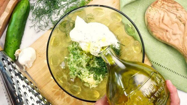 Making Tzatziki Greek or Mediterranean sauce or dip for a party. Dip or sauce in a green bowl on a wooden cutting board with dill, green napkin and a grater. Adding olive oil to the Tzatziki sauce.