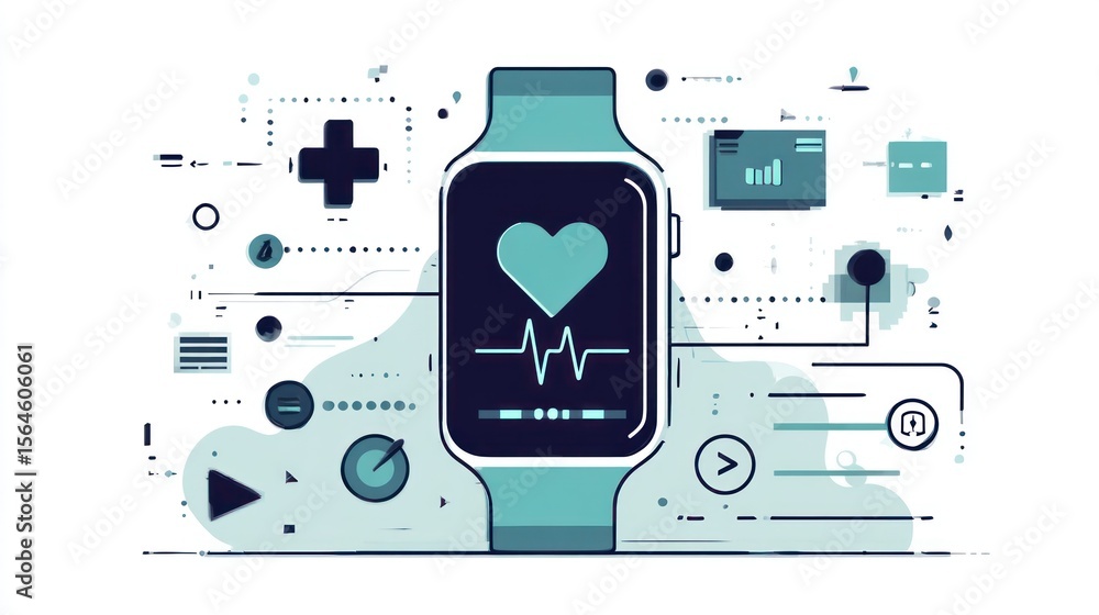Poster a smart watch displaying health data, surrounded by connected icons