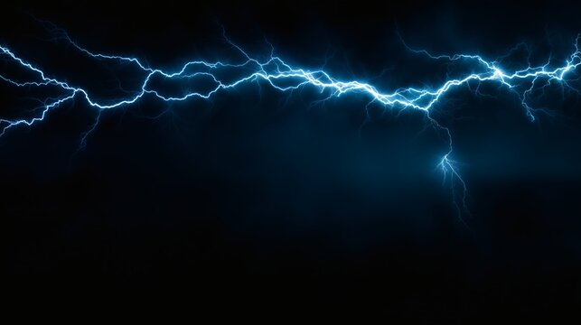 electric blue lightning bolt flashing across dark stormy sky background