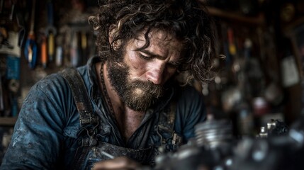 Obraz premium Mechanic Focused on Fine Tuning Motorcycle Engine in Workshop