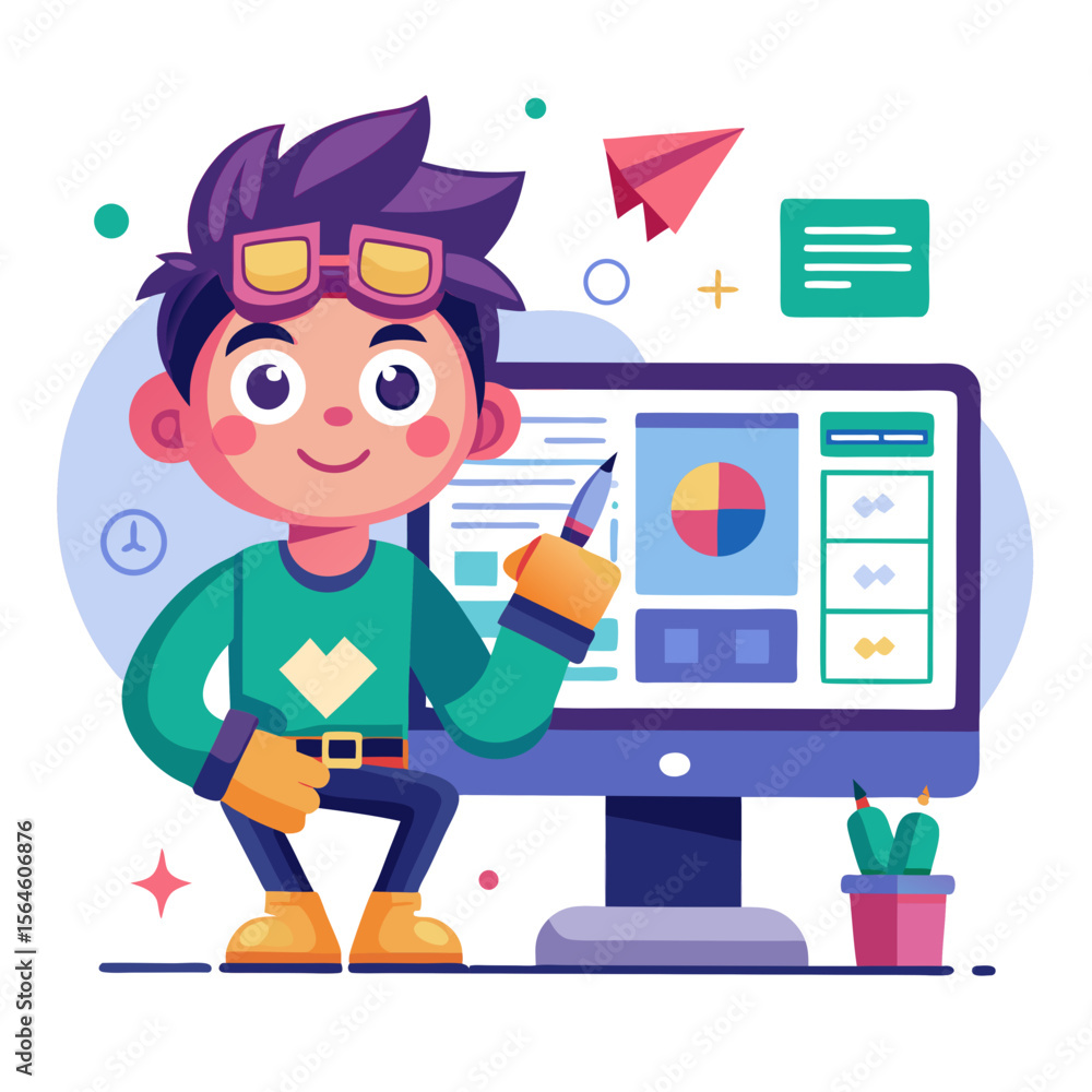 Poster creative young boy working on a computer with a pie chart and graphs