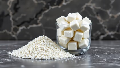 Close-up View of White Sugar Cubes Piled in Glass Bowl Next to Granulated Sugar on Dark Stone Background with Textured Surface