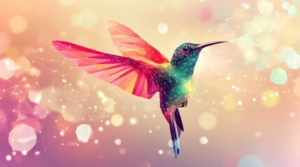 Obraz premium Geometric hummingbird in flight on bokeh background of peach, pink, and yellow hues