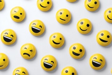 Obraz premium pattern of glossy yellow emojis with mixed expressions on white background