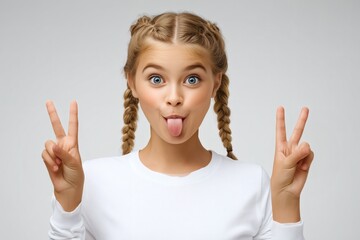 playful girl showing peace signs and sticking tongue out with silly face
