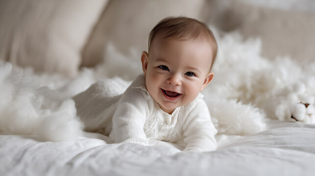 a cute baby giggling and smiling while lying on a fluffy cloud-like surface, with a gentle smile and bright, happy eyes. This image captures the pure joy and innocence of infancy