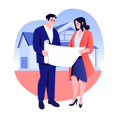 A flat style illustration showing a person looking at house map