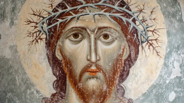 Jesus christ man fresco cave church ancient weathered painting. Religious concept for christianity and history.
