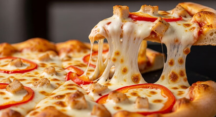 A slice of pizza being removed from a whole pizza
