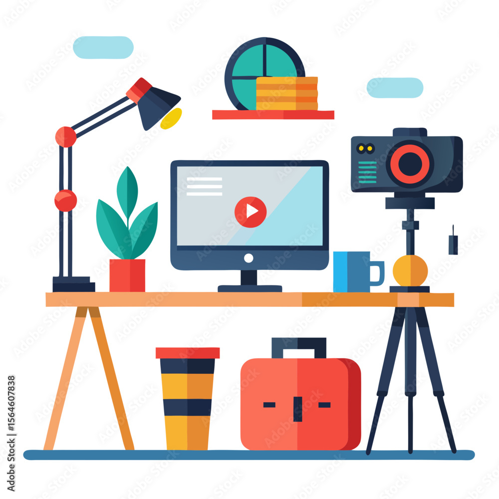 Poster modern home office setup with computer camera and desk lamp for content creation