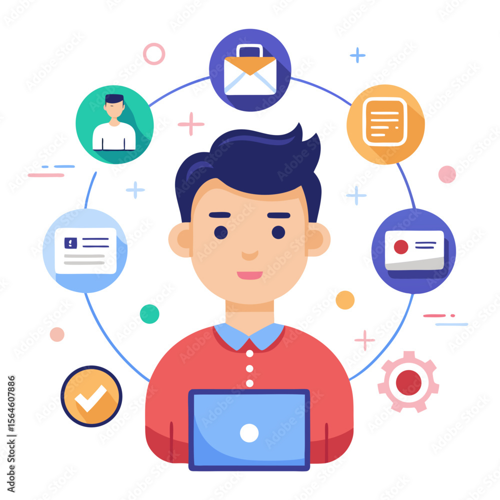 Poster man with laptop surrounded by icons representing business and communication tasks