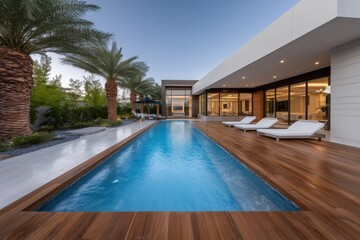 Fototapeta premium A modern villa gleams in the tranquil evening light, featuring a sleek swimming pool, sun loungers on the deck, and lush palm trees in the courtyard.