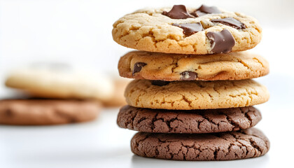 stack of five types of cookies including chocolate chip cookies, chocolate covered cookies and butter cookies on a white background