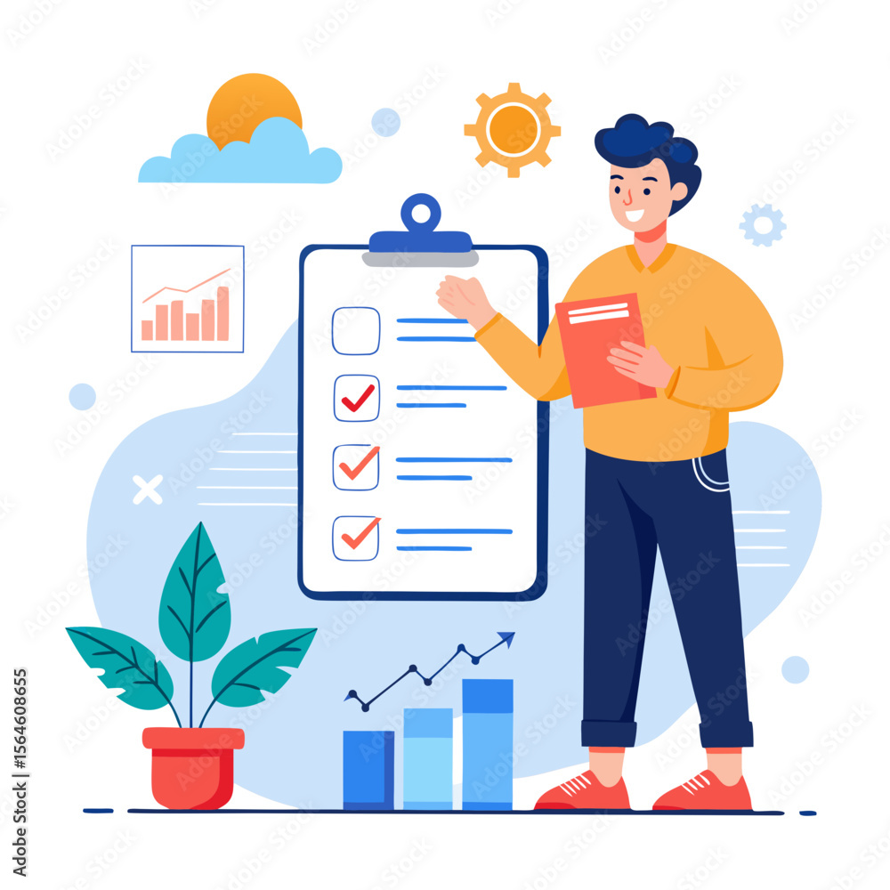 Poster man holding a book and checking off tasks on a clipboard with charts and graphs