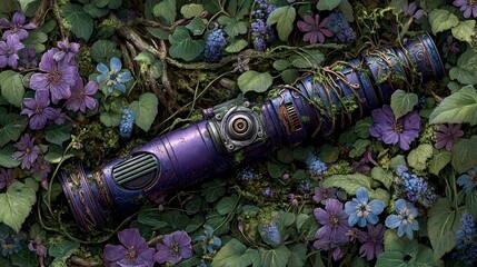 Artistic Interpretation of a Purple Lightsaber Surrounded by Flowers