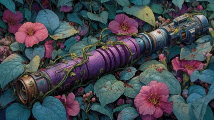 Artistic Interpretation of a Purple Lightsaber Among Vibrant Flora