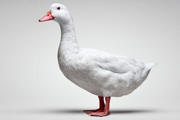 white duck in side pose with pink bill and feet on neutral background