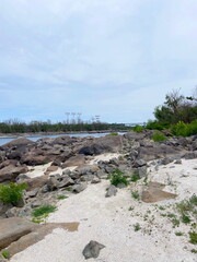 Panorama of the rocky coast of Khortytsia Island, exposed after the spring shallowing of the Dnieper.