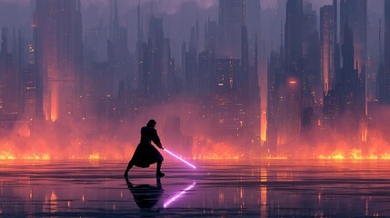 Intense Battle Scene with Character Wielding a Purple Lightsaber