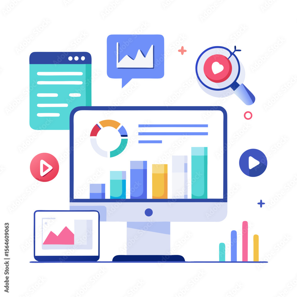 Aufkleber digital marketing analytics and data visualization on computer screens and devices