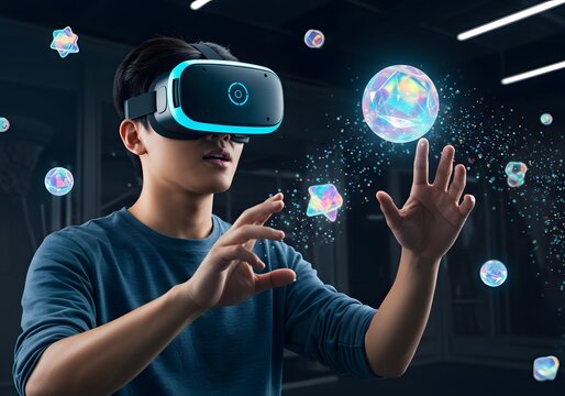 Virtual reality headset user experiencing immersive digital world