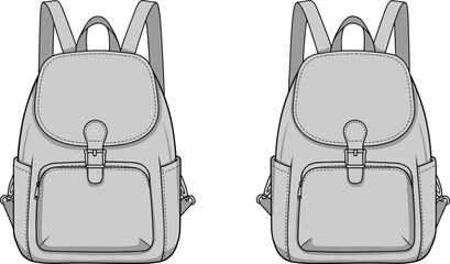 Gray fashion backpack illustration, front and side view, trendy travel bag mockup, modern school accessory design for digital use