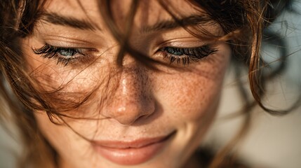 Close-Up of Beautiful Woman with Dramatic Wispy Eyelashes and Freckles