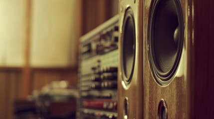 Close-up of speakers and audio equipment, warm lighting, shallow depth of field