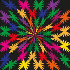 Color burst star. Leaf spike Vector. Rainbow radial art. Black backdrop graphic.