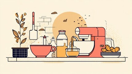 Kitchen scene with breakfast items.  Colorful, flat design