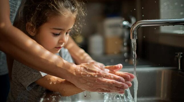 Close up of a mother helping her daughter wash her hands with soap and water at a sink.
