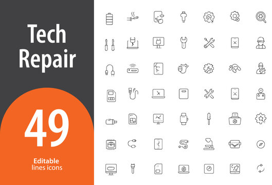 Tech Repair Line Icons, Laptop, Tools, Chip, Screen Fix, Software Update, Editable Formats: AI, EPS, JPG, Ideal for Both Digital and Print Use
