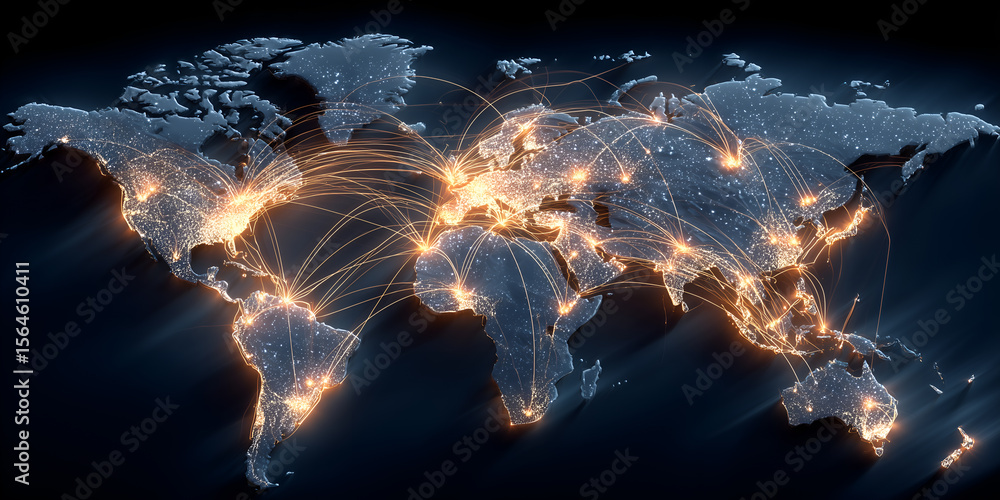 Poster a glowing world map with interconnected cities, representing global connections and networks