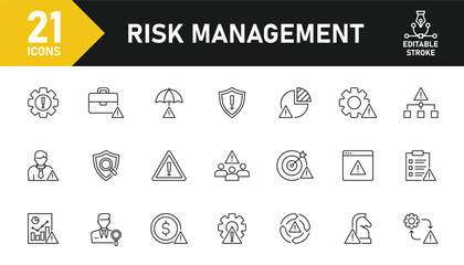 Risk Management line icon set. Set of 21 outline icons related to risk, management, alert, hazard, danger, safety, insurance, low cost, warning and others. Editable stroke. Vector illustration.
