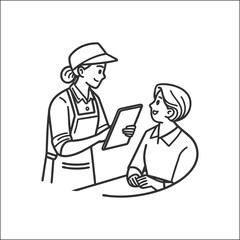 Restaurant Service Icon | Waitress Taking Order from Customer | Hospitality Staff and Guest Interaction Vector | Black Line Style on Pure White Background