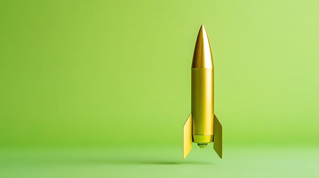 Golden rocket on green background symbolizes ambition, innovation and success.