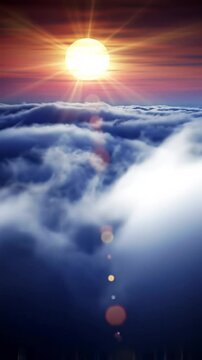 An ultra-wide aerial drone video of a vast cumulus cloud expanse at golden hour, colossal sun with volumetric God rays, colors of orange, pink, red, gold, blue, white, luminous edge lighting, soft