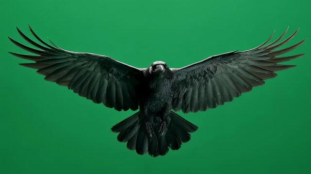 Majestic black raven is captured mid flight against a vibrant green screen backdrop, its wings fully extended, showcasing its impressive wingspan