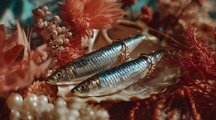 Decorative Sardines with Earrings on a Seashell Display