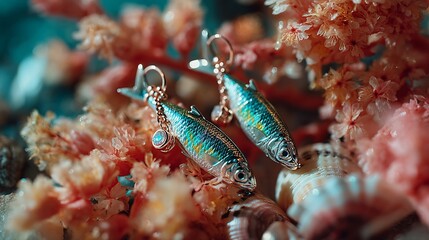 Elegant Sardine Earrings Displayed on Seashell and Coral Background