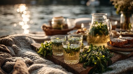 Serene Lakeside Picnic with Refreshing Mint Juleps at Sunset