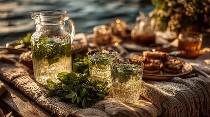 Serene Lakeside Picnic with Mint Julips and Refreshing Beverages