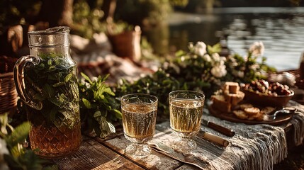 Serene Lakeside Picnic with Pitcher of Refreshing Mint Drink