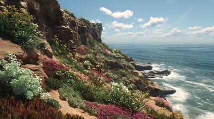 A Serene Coastal Landscape featuring Cliffs, Native Flora, and Ocean View