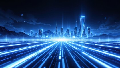 Futuristic city skyline at night with glowing buildings and radiant light trails illustrating advanced technology and urban development