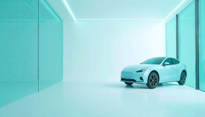 Electric Car Presented In A Bright White And Blue Minimalist Modern Interior Studio
