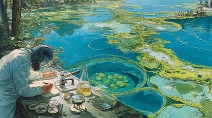 Scientific Study of Toxic Algae Blooms in Vibrant Blue Lake Water