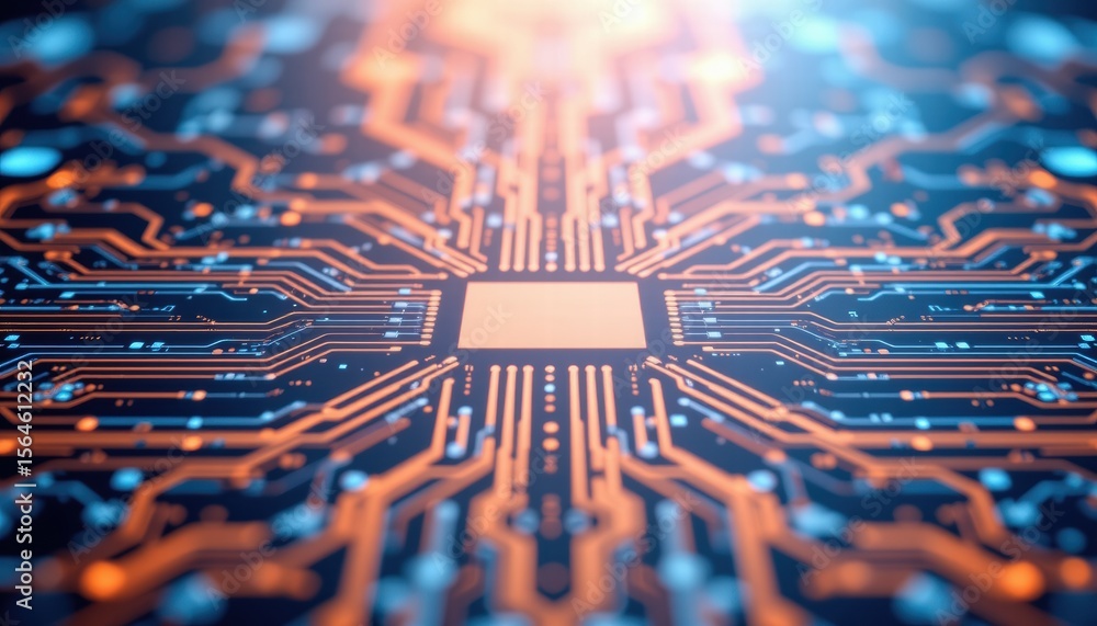 Aufkleber abstract close-up of a complex circuit board design with bright orange and blue patterns illustratin