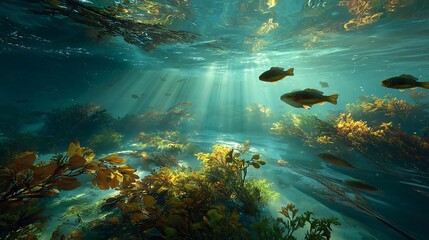 Underwater Scene with Fish Swimming Through Toxic Algae Growth